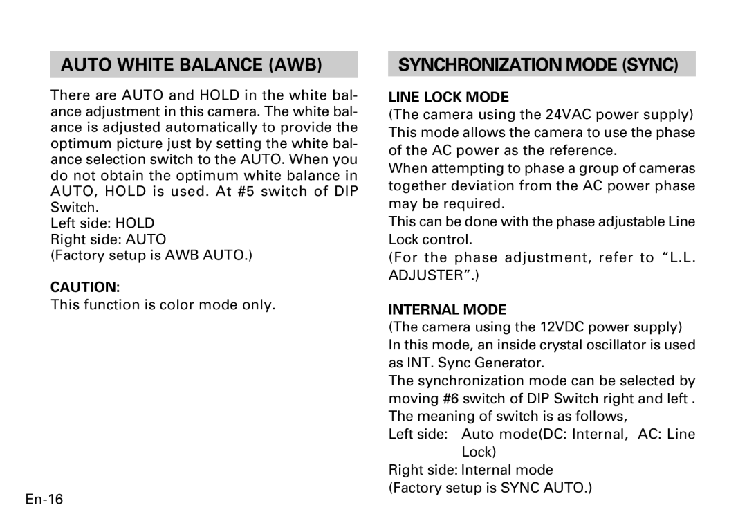 Fujitsu CG-311 SERIES instruction manual Auto White Balance AWB, Synchronization Mode Sync, Line Lock Mode, Internal Mode 