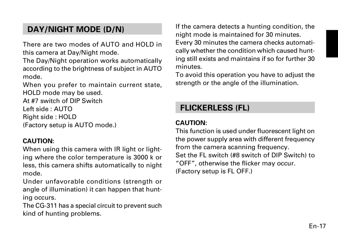 Fujitsu CG-311 SERIES instruction manual DAY/NIGHT Mode D/N, Flickerless FL 