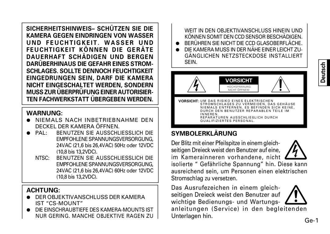 Fujitsu CG-311 SERIES Warnung, Achtung, Symbolerklärung, ¶ Niemals Nach Inbetriebnahme DEN Deckel DER Kamera Öffnen 