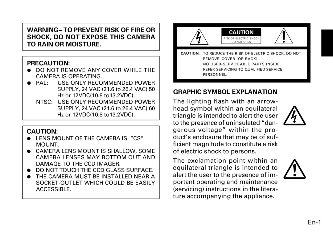 Fujitsu CG-311 SERIES Precaution, Graphic Symbol Explanation, ¶ do not Remove ANY Cover While the Camera is Operating 