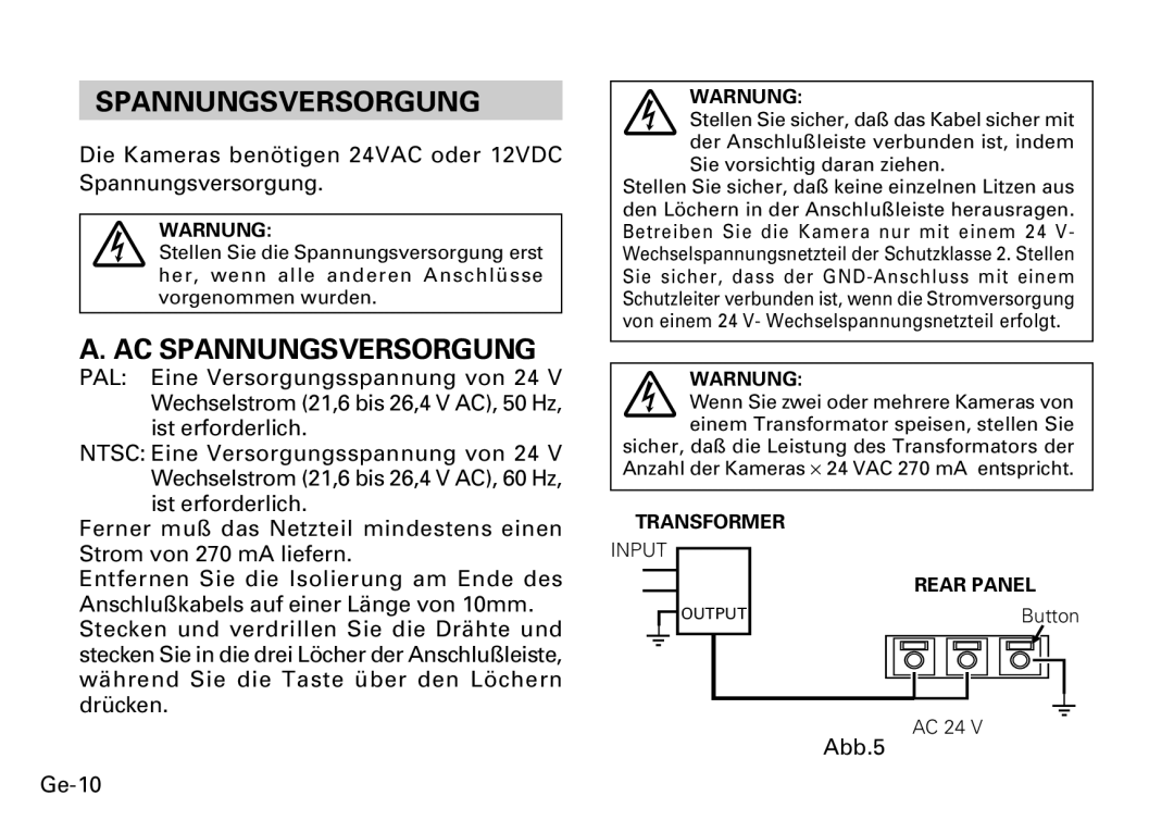 Fujitsu CG-311 SERIES AC Spannungsversorgung, Die Kameras benötigen 24VAC oder 12VDC Spannungsversorgung, Ge-10, Abb.5 