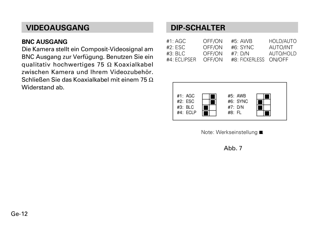 Fujitsu CG-311 SERIES instruction manual Videoausgang, Dip-Schalter, BNC Ausgang, Abb Ge-12, #4 Eclipser OFF/ON 