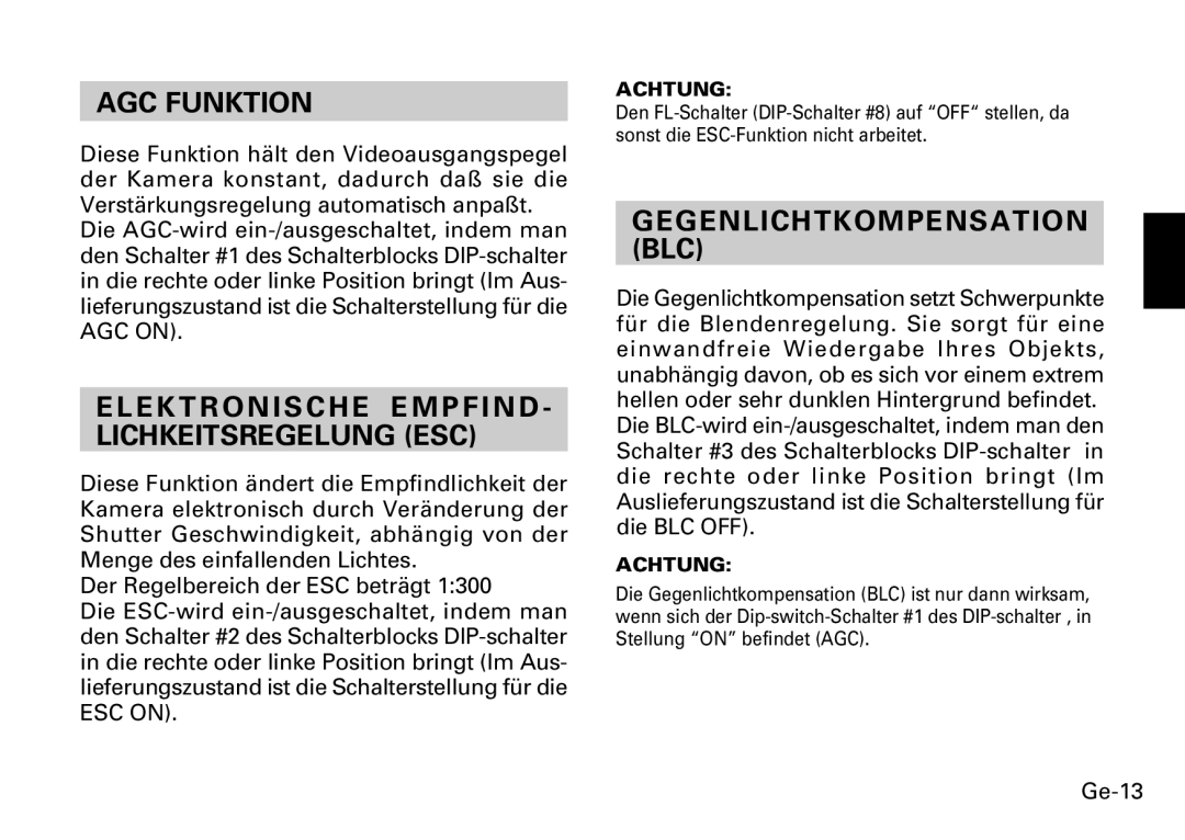 Fujitsu CG-311 SERIES AGC Funktion, E K T R O N I S C H E E M P F I N D Lichkeitsregelung ESC, Gegenlichtkompensation BLC 