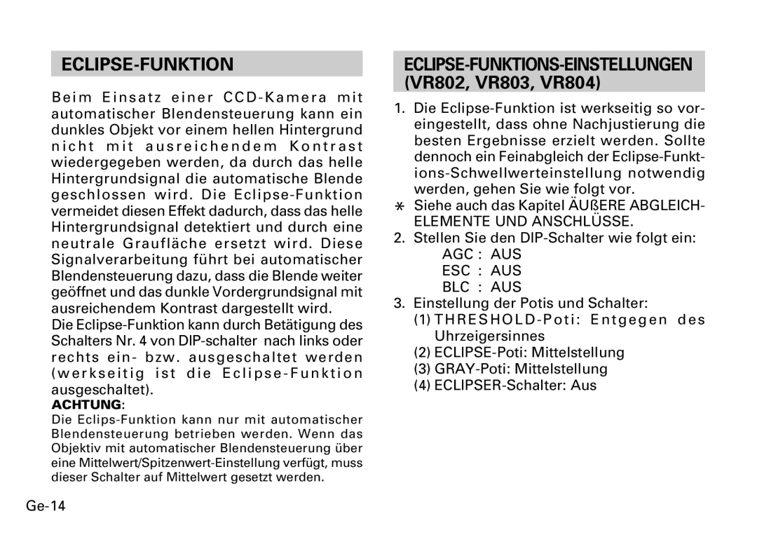 Fujitsu CG-311 SERIES Eclipse-Funktion, ECLIPSE-FUNKTIONS-EINSTELLUNGEN VR802, VR803, VR804, Elemente UND Anschlüsse 