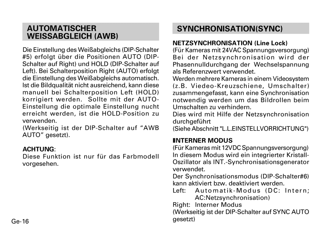 Fujitsu CG-311 SERIES instruction manual Automatischer Weissabgleich AWB, Synchronisationsync, Iinterner Modus 