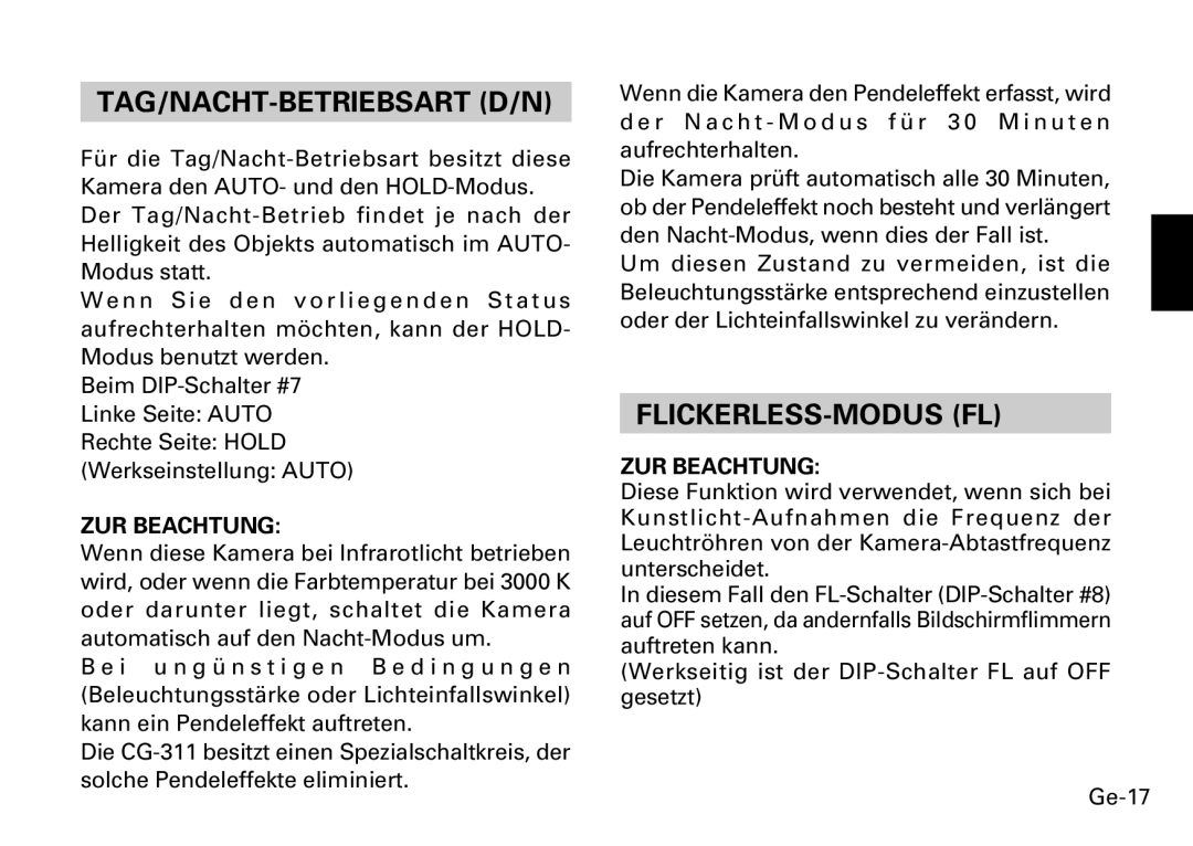 Fujitsu CG-311 SERIES instruction manual Tag/Nacht-Betriebsart D/N, Flickerless-Modus Fl, ZUR Beachtung 