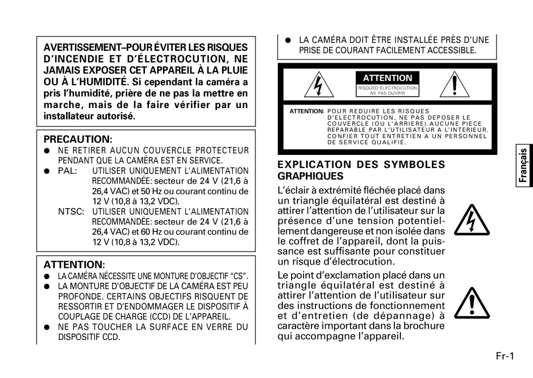 Fujitsu CG-311 SERIES Explication DES Symboles Graphiques, Fr-1, ¶ NE PAS Toucher LA Surface EN Verre DU Dispositif CCD 