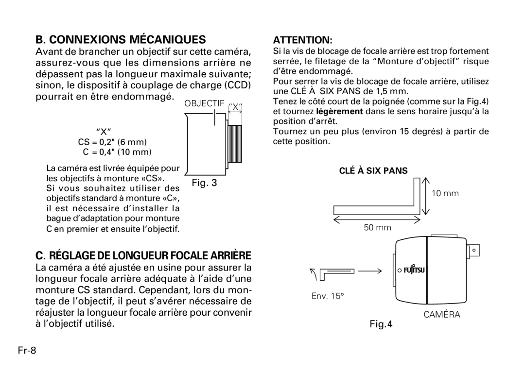 Fujitsu CG-311 SERIES instruction manual Connexions Mécaniques, Réglage DE Longueur Focale Arrière, ’objectif utilisé Fr-8 