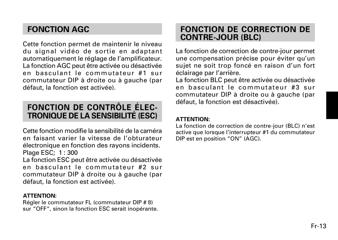 Fujitsu CG-311 SERIES instruction manual Fonction AGC, Fonction DE Correction DE CONTRE-JOUR BLC, Fr-13 