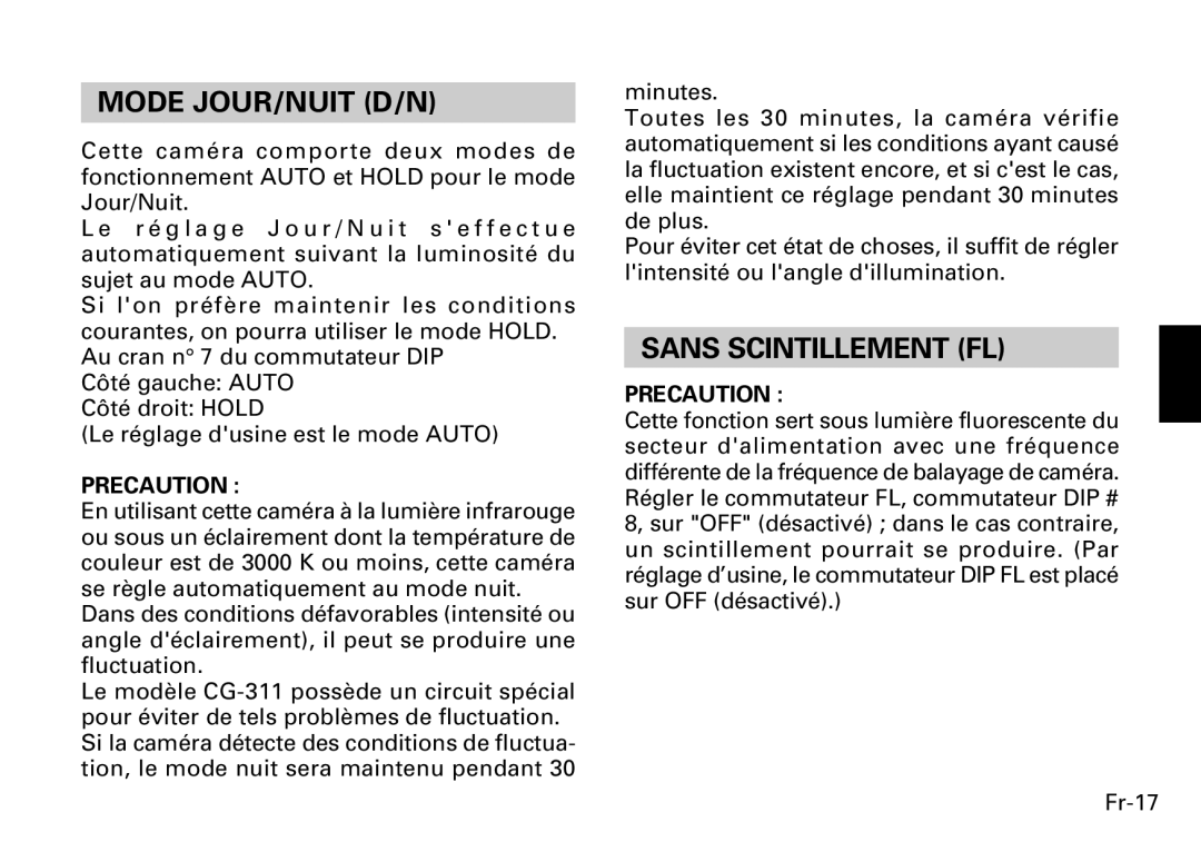 Fujitsu CG-311 SERIES instruction manual Mode JOUR/NUIT D/N, Sans Scintillement FL 