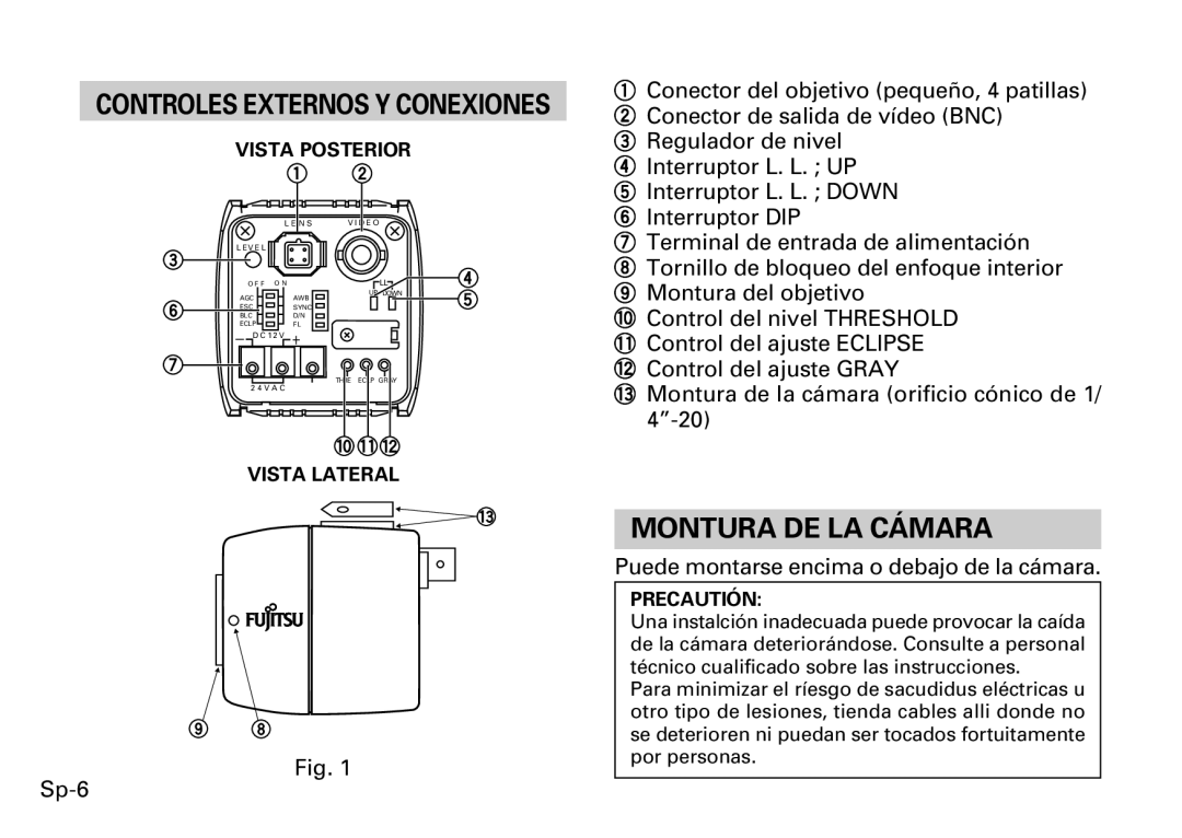 Fujitsu CG-311 SERIES Montura DE LA Cámara, Controles Externos Y Conexiones, Puede montarse encima o debajo de la cámara 