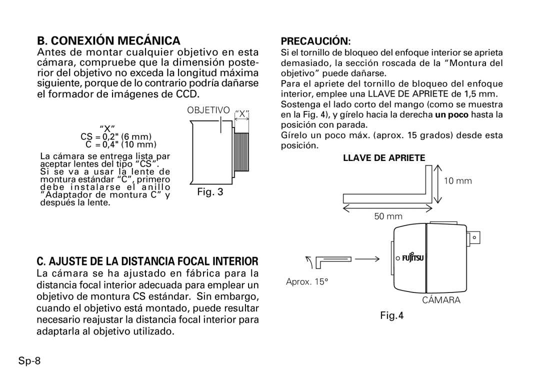 Fujitsu CG-311 SERIES instruction manual Conexión Mecánica, Ajuste DE LA Distancia Focal Interior 