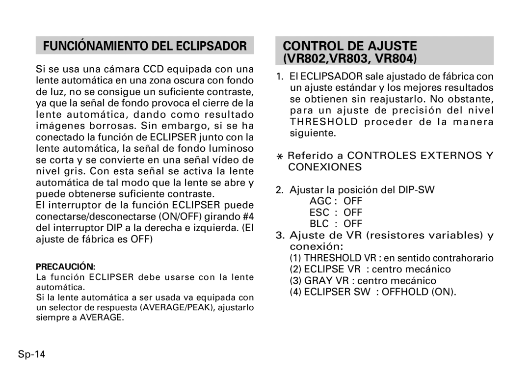 Fujitsu CG-311 SERIES Funciónamiento DEL Eclipsador, Control DE Ajuste VR802,VR803, VR804, Eclipser SW Offhold on, Sp-14 