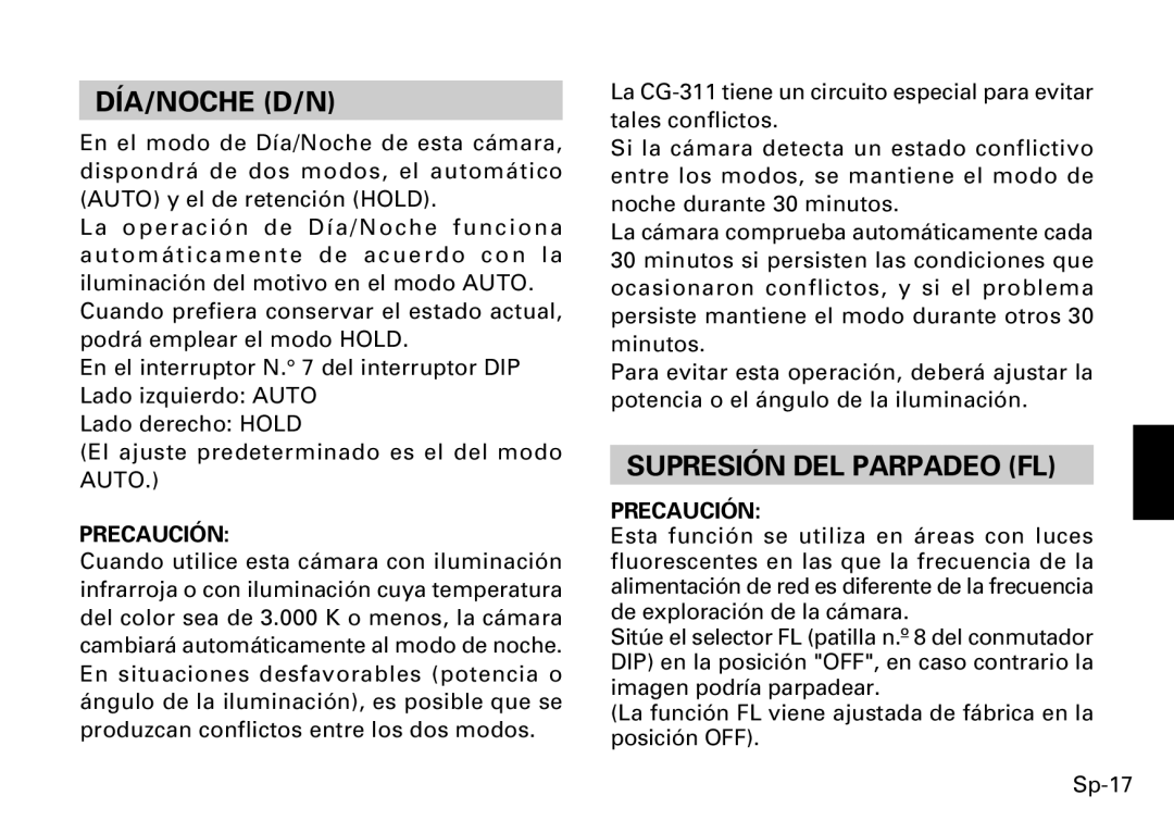 Fujitsu CG-311 SERIES instruction manual Día/Noche D/N, Supresión DEL Parpadeo FL 