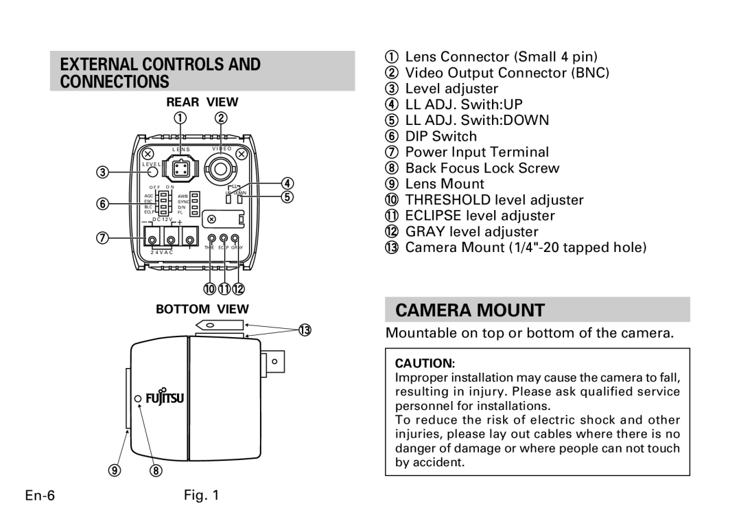 Fujitsu CG-311 SERIES External Controls and Connections, Camera Mount, Mountable on top or bottom of the camera 