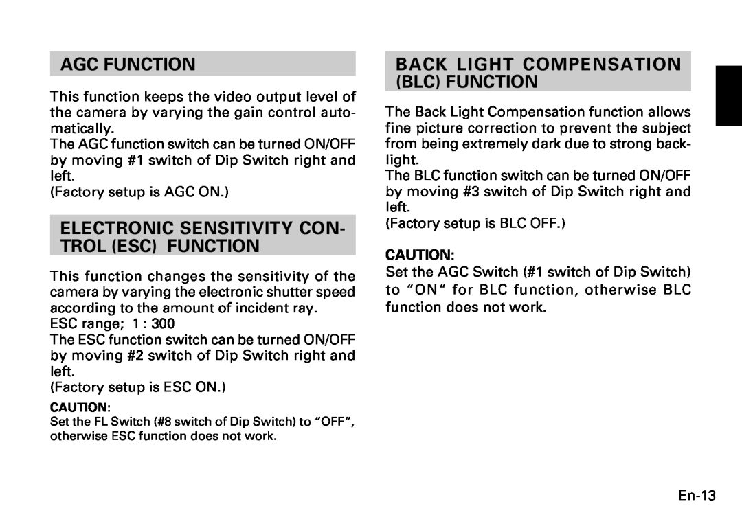 Fujitsu CG-311 SERIES Agc Function, Electronic Sensitivity Con- Trol Esc Function, Back Light Compensation Blc Function 