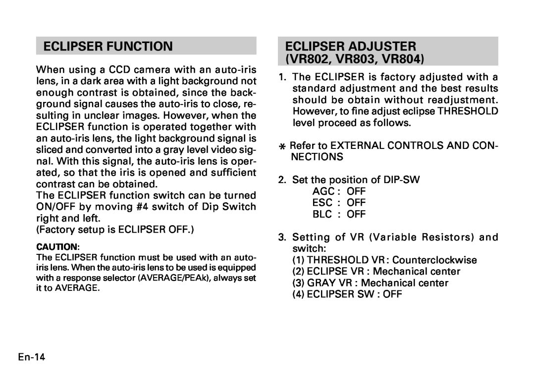Fujitsu CG-311 SERIES instruction manual Eclipser Function, ECLIPSER ADJUSTER VR802, VR803, VR804 