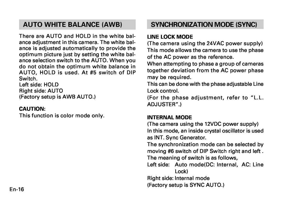 Fujitsu CG-311 SERIES instruction manual Auto White Balance Awb, Synchronization Mode Sync, Line Lock Mode, Internal Mode 