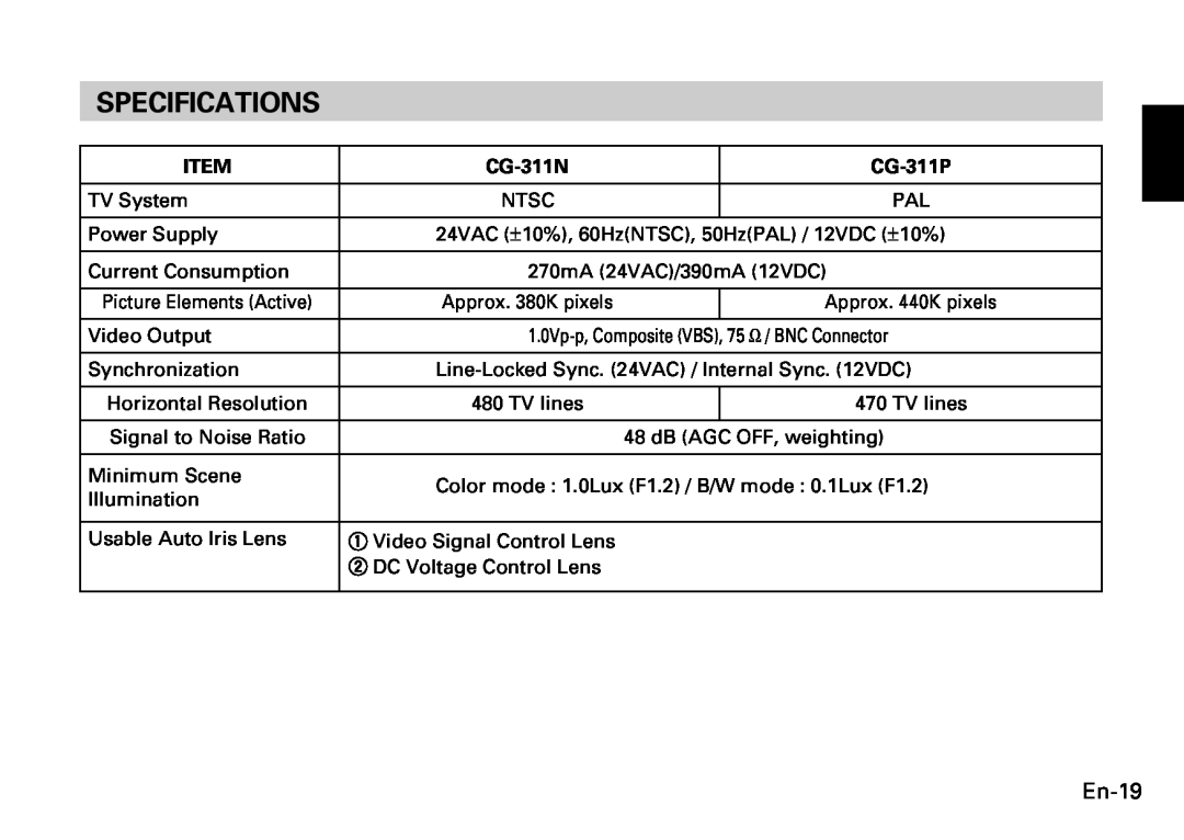 Fujitsu CG-311 SERIES instruction manual Specifications, En-19, CG-311N, CG-311P 