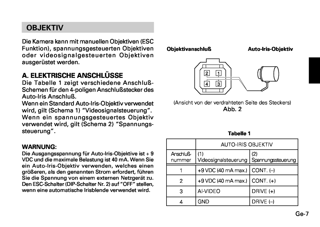 Fujitsu CG-311 SERIES instruction manual Objektiv, A. Elektrische Anschlüsse 