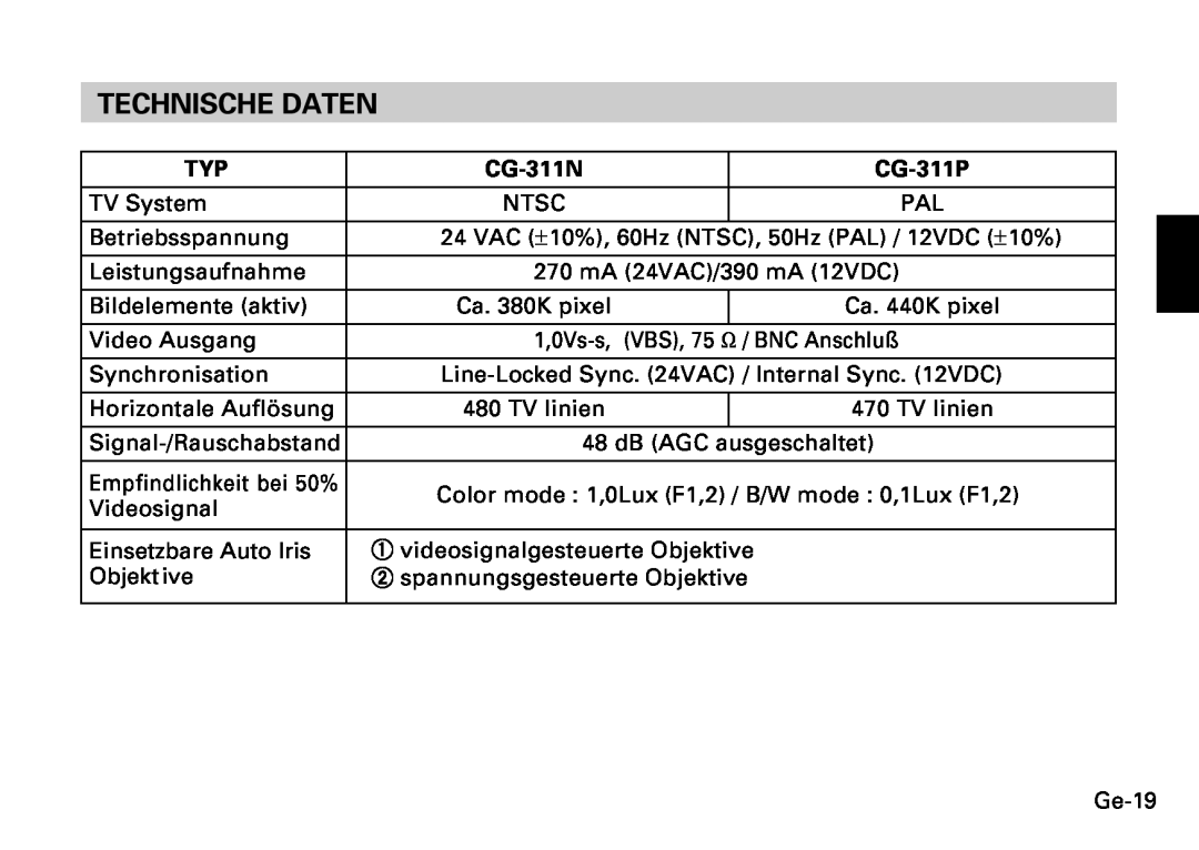 Fujitsu CG-311 SERIES instruction manual Technische Daten, CG-311N, CG-311P 