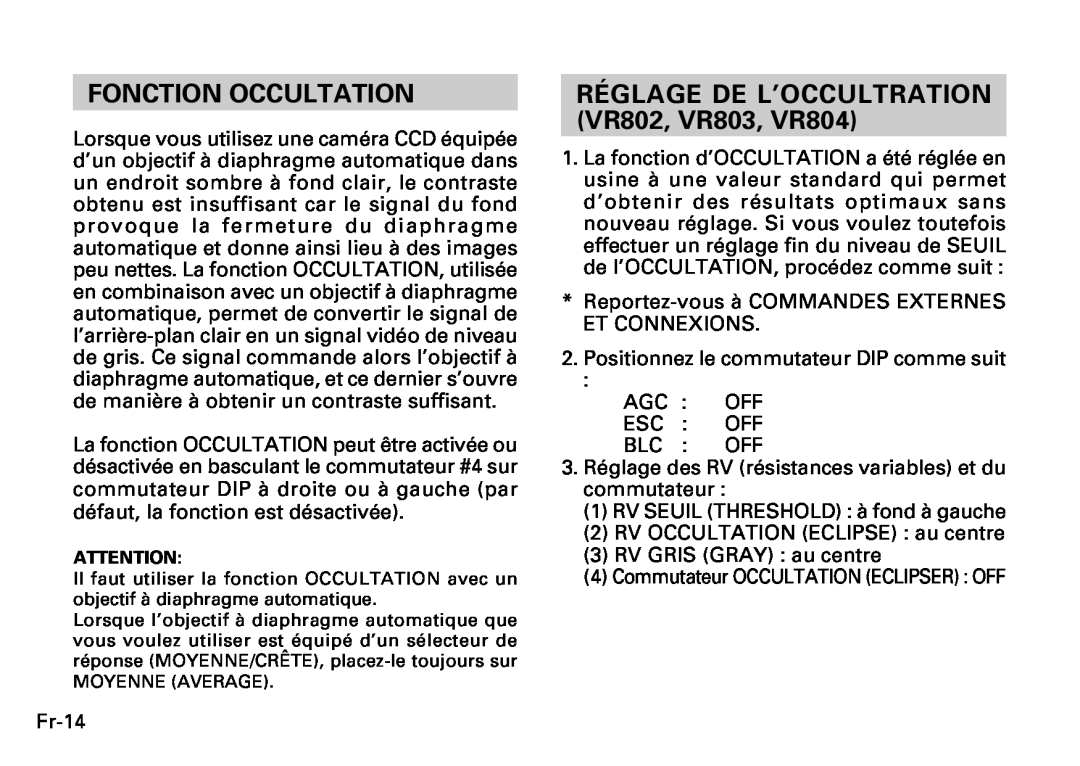 Fujitsu CG-311 SERIES instruction manual Fonction Occultation, RÉGLAGE DE L’OCCULTRATION VR802, VR803, VR804 