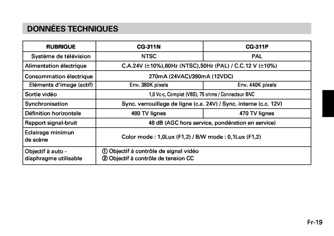 Fujitsu CG-311 SERIES instruction manual Données Techniques, Fr-19, Rubrique, CG-311N, CG-311P 