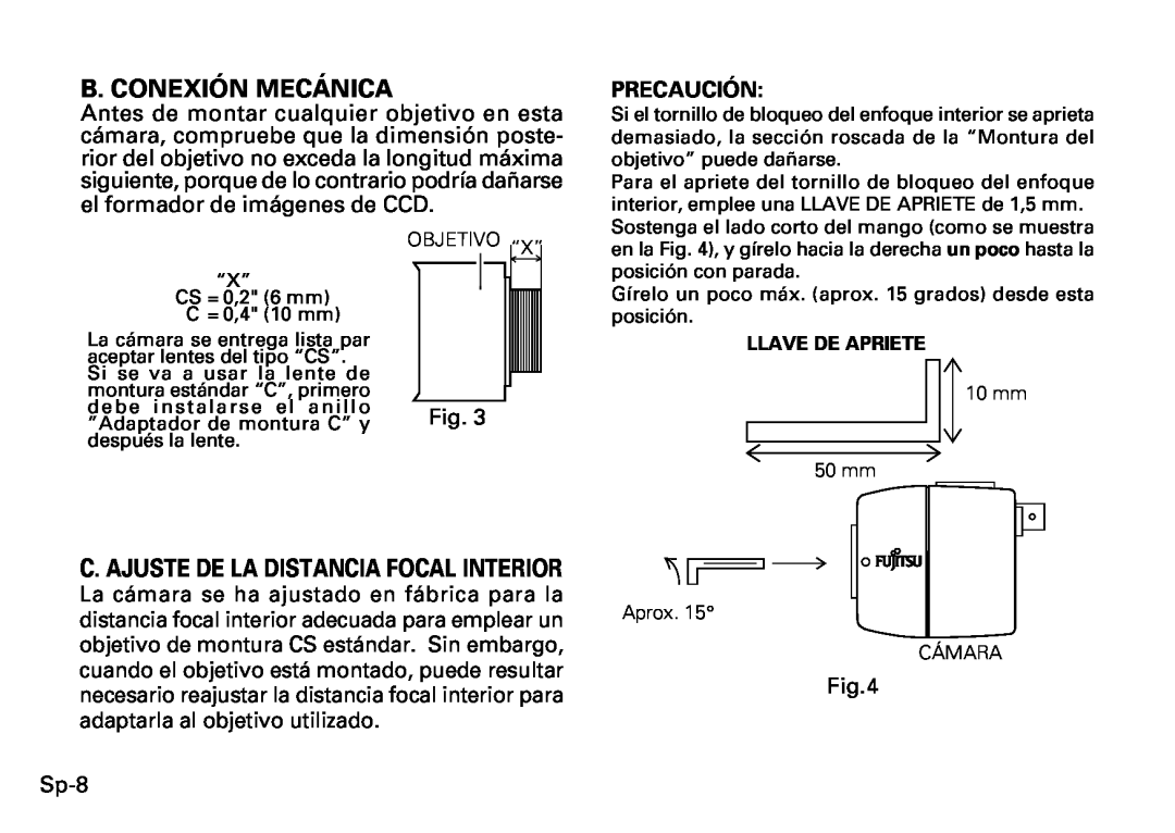 Fujitsu CG-311 SERIES instruction manual B. Conexión Mecánica, C. Ajuste De La Distancia Focal Interior 