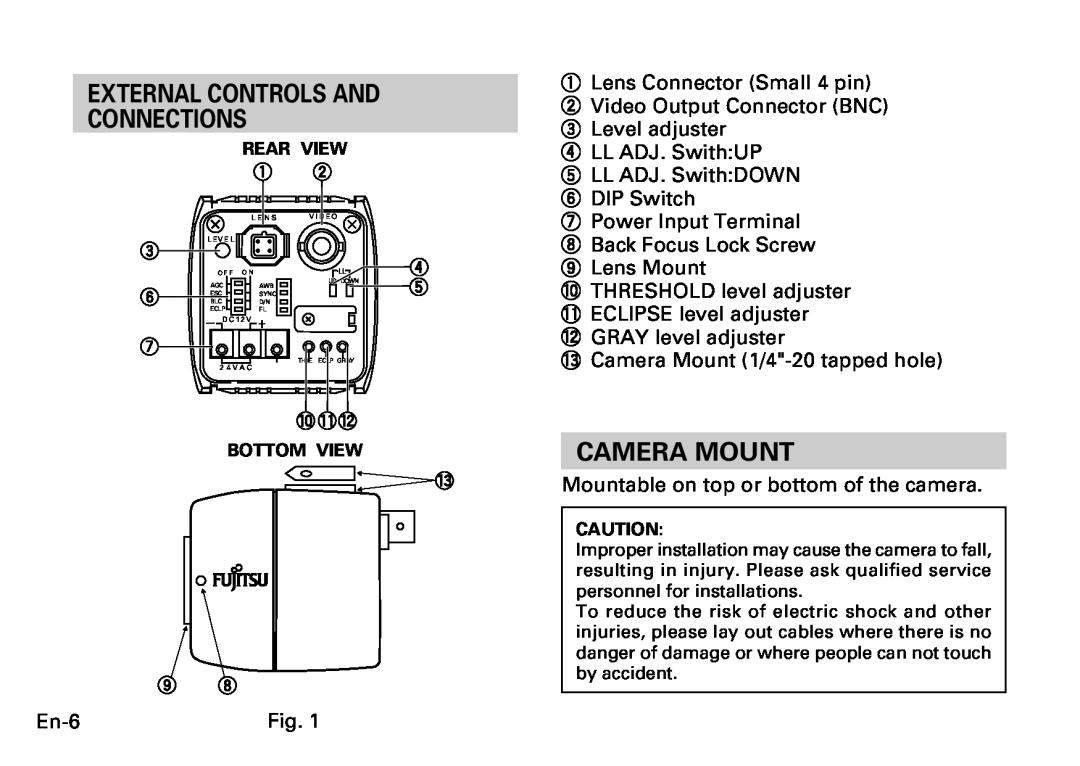 Fujitsu CG-311 SERIES instruction manual External Controls And Connections, Camera Mount 