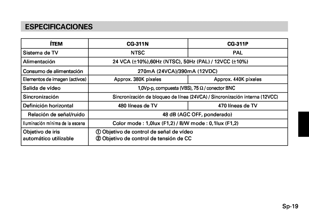 Fujitsu CG-311 SERIES instruction manual Especificaciones, Sp-19, Ítem, CG-311N, CG-311P 