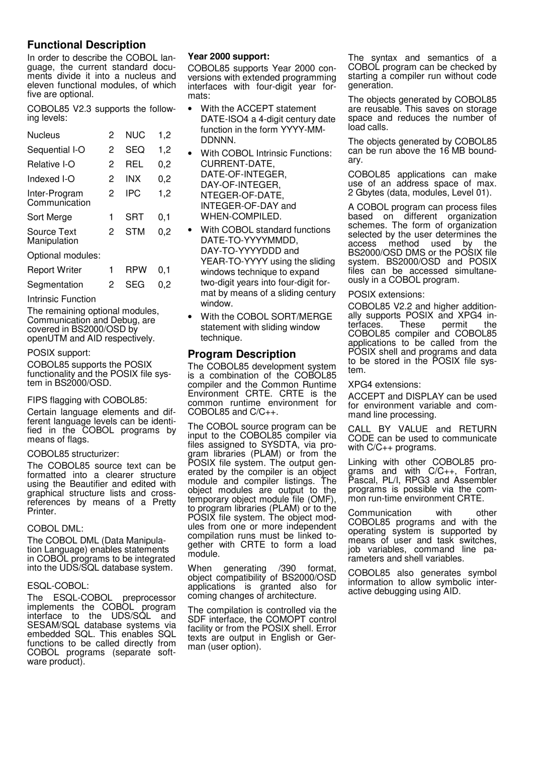 Fujitsu COBOL85 manual Functional Description, Program Description, Year 2000 support 