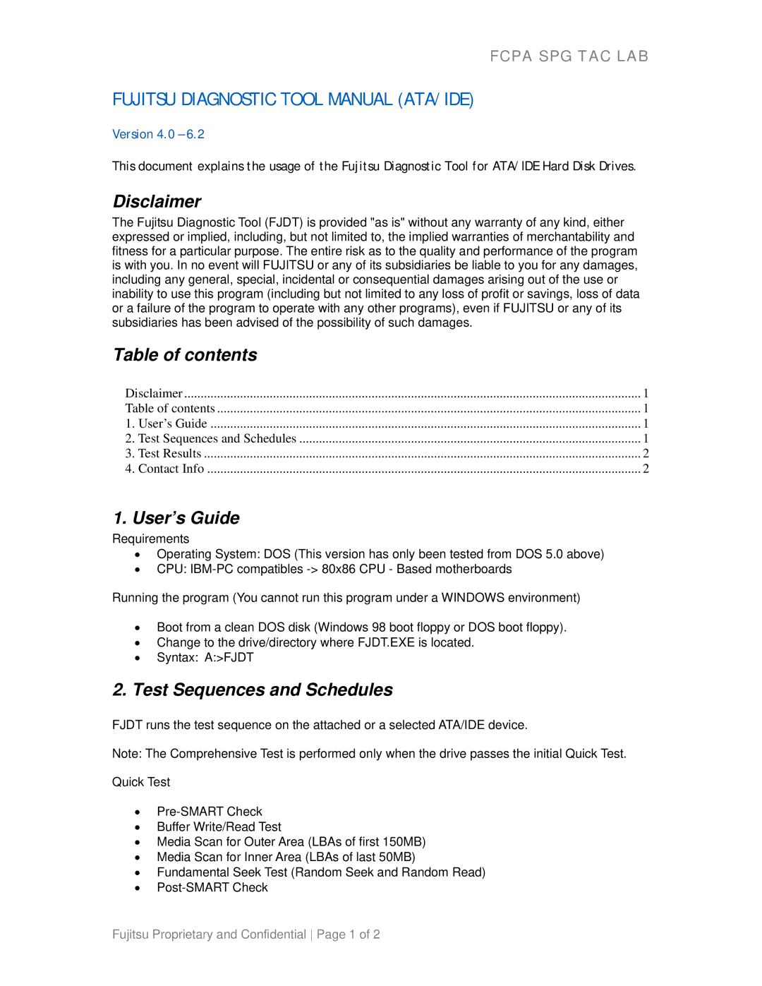 Fujitsu Computer Drive warranty Disclaimer, Table of contents, User’s Guide, Test Sequences and Schedules 