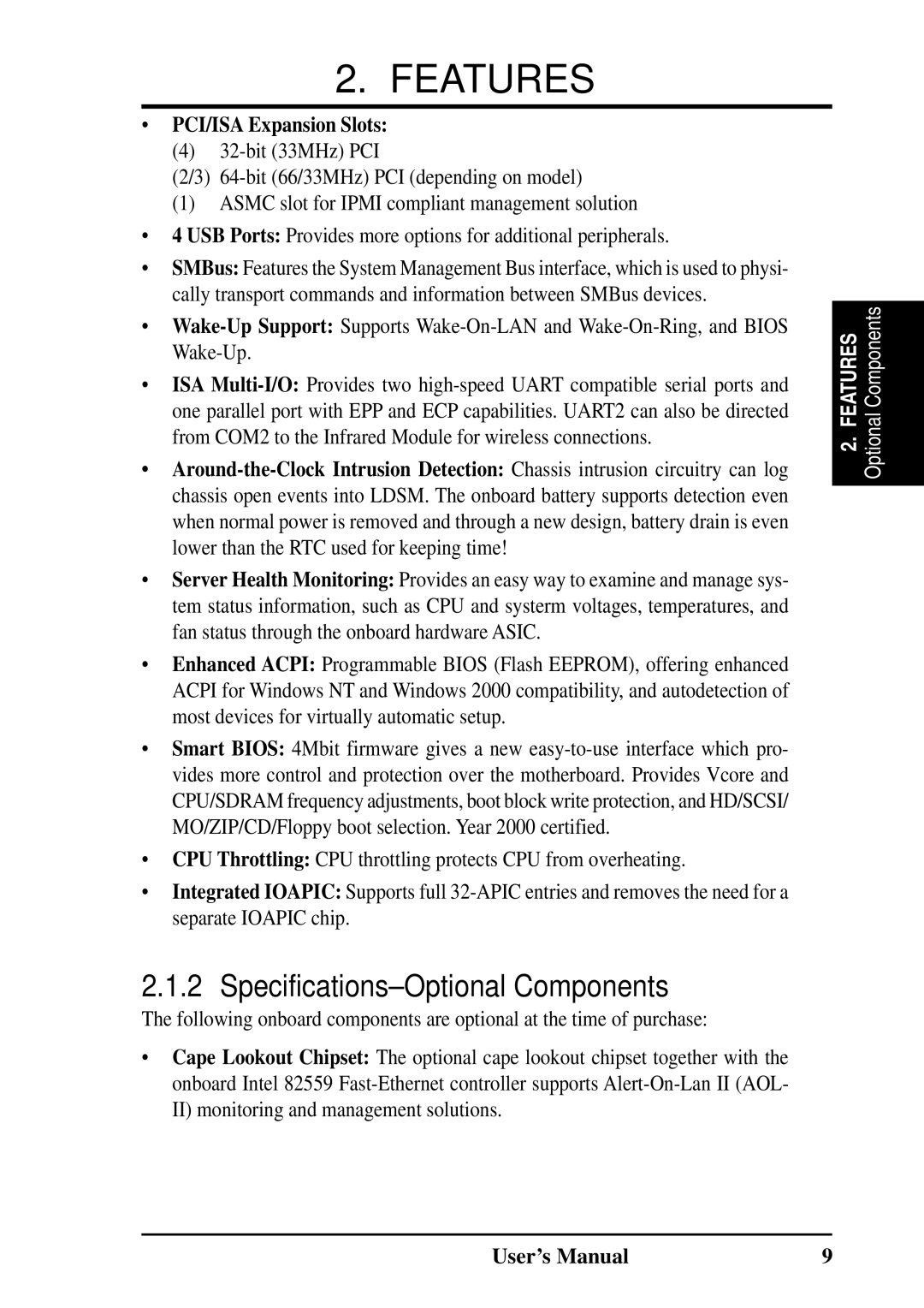 Fujitsu D1241 manual Specifications-Optional Components, PCI/ISA Expansion Slots 