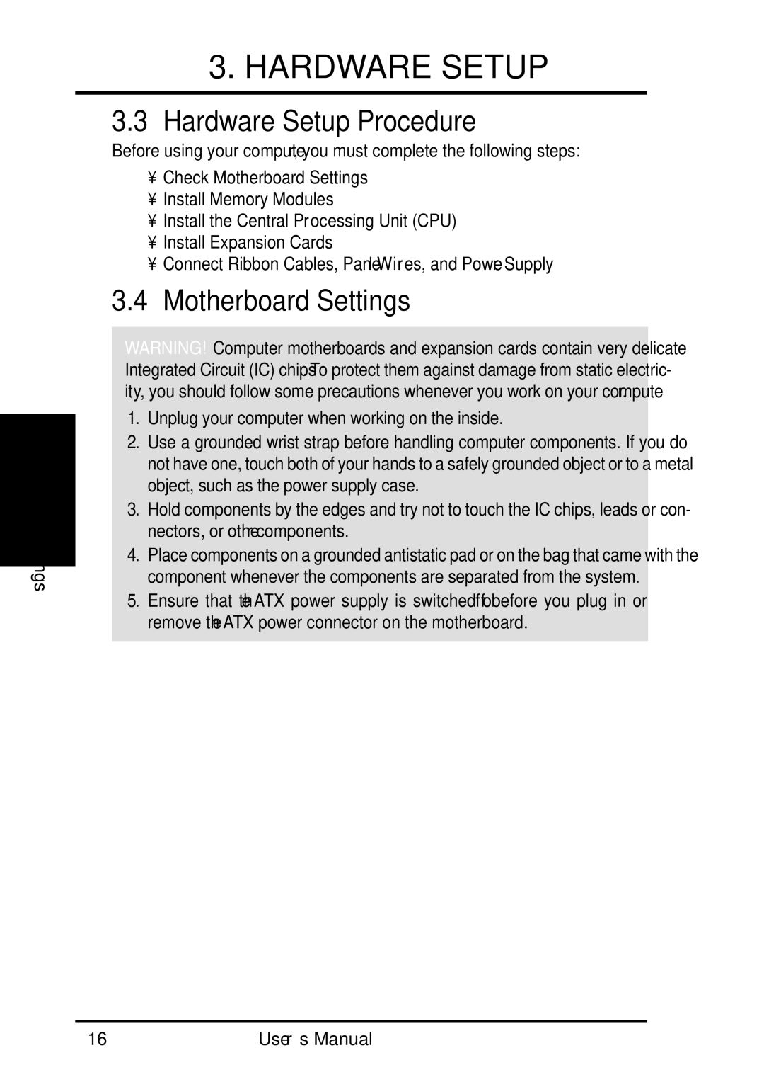 Fujitsu D1241 manual Hardware Setup Procedure, Motherboard Settings 