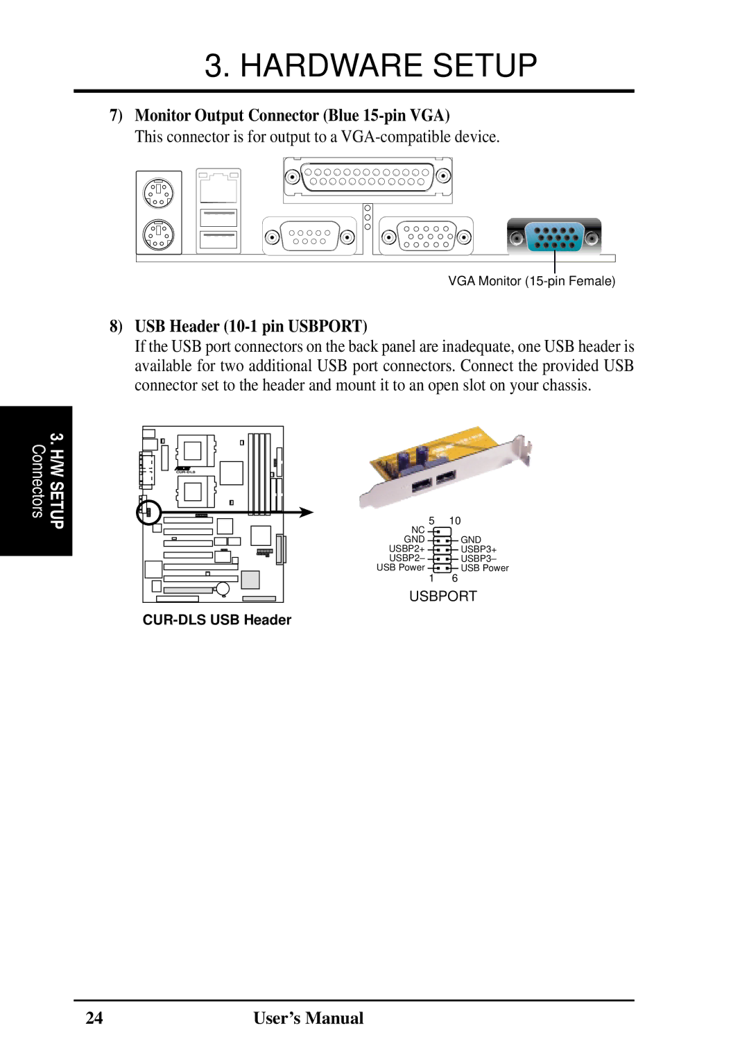 Fujitsu D1241 manual Monitor Output Connector Blue 15-pin VGA, USB Header 10-1 pin Usbport 