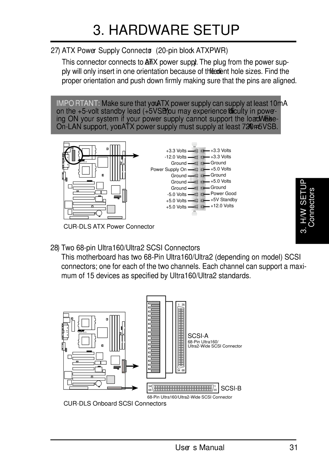 Fujitsu D1241 manual ATX Power Supply Connector 20-pin block Atxpwr, Two 68-pin Ultra160/Ultra2 Scsi Connectors 