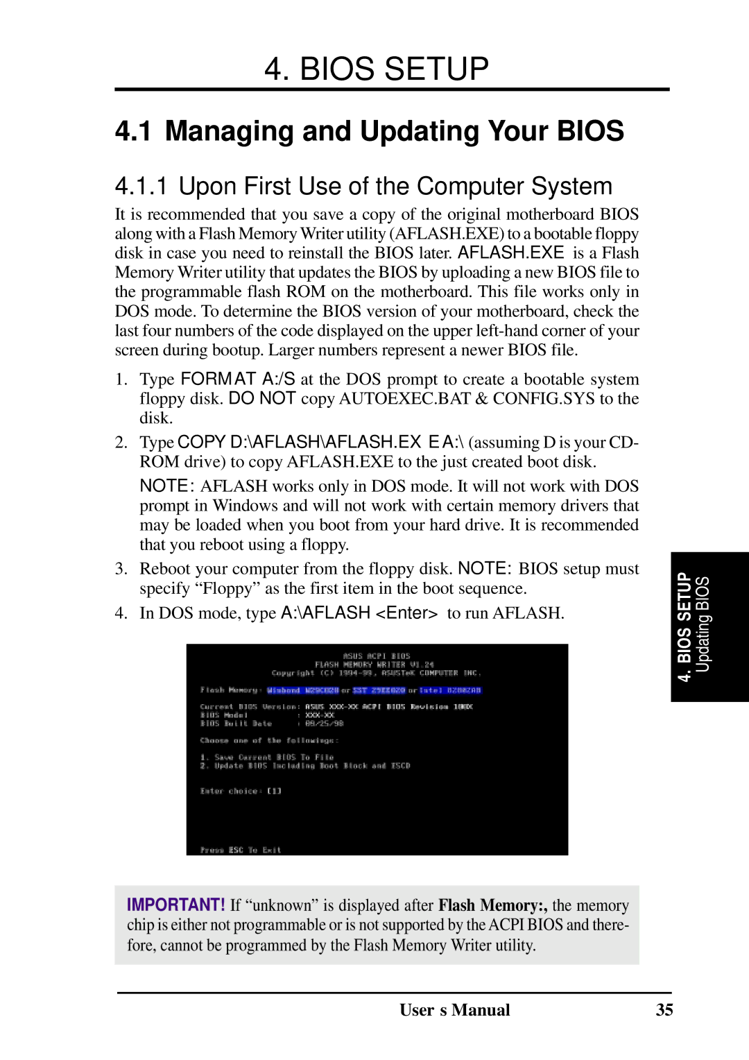 Fujitsu D1241 manual Managing and Updating Your Bios, Upon First Use of the Computer System 