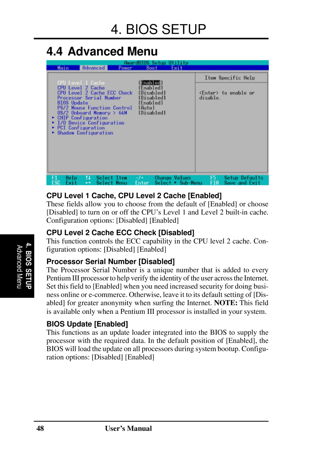 Fujitsu D1241 manual Advanced Menu, CPU Level 1 Cache, CPU Level 2 Cache Enabled, CPU Level 2 Cache ECC Check Disabled 