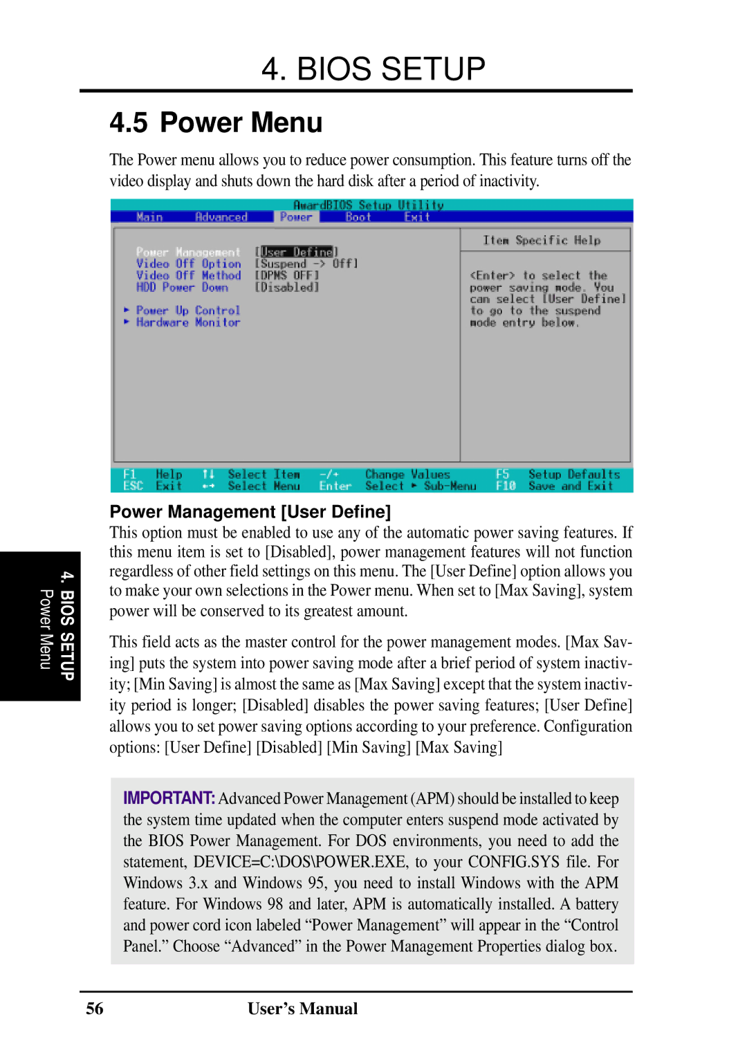 Fujitsu D1241 manual Power Menu, Power Management User Define 