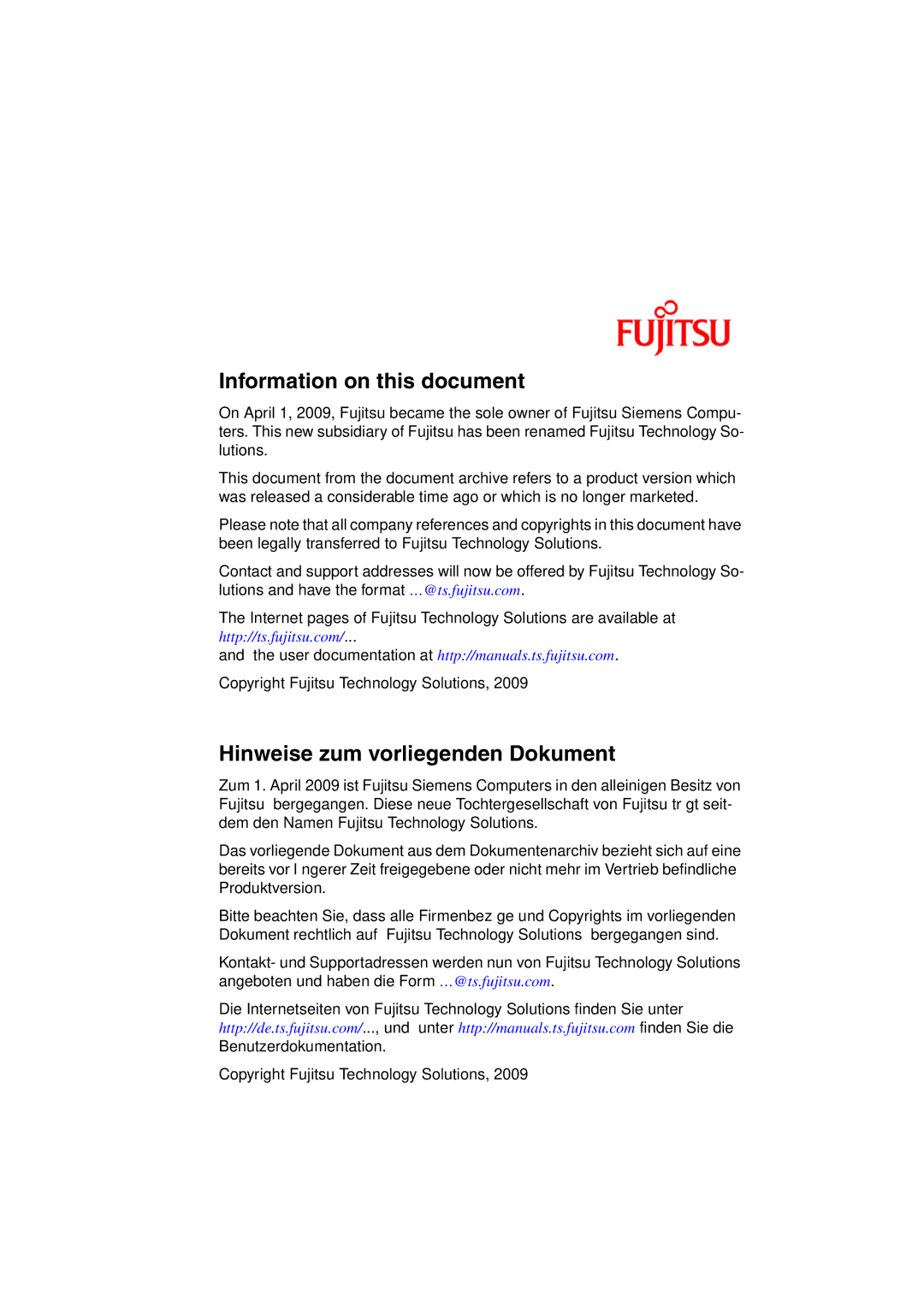 Fujitsu D1241 manual Information on this document, Hinweise zum vorliegenden Dokument 