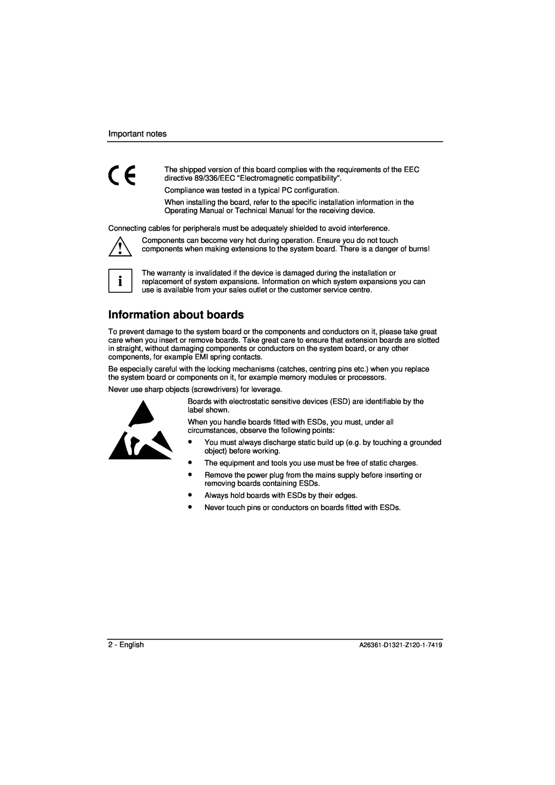 Fujitsu D1321 technical manual Information about boards, Important notes 