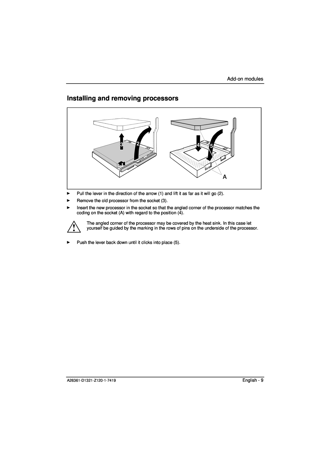 Fujitsu D1321 technical manual Installing and removing processors, Add-on modules 