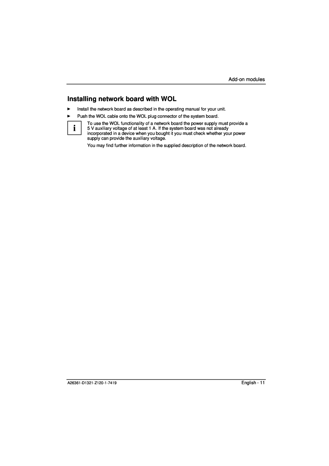 Fujitsu D1321 technical manual Installing network board with WOL, Add-on modules 