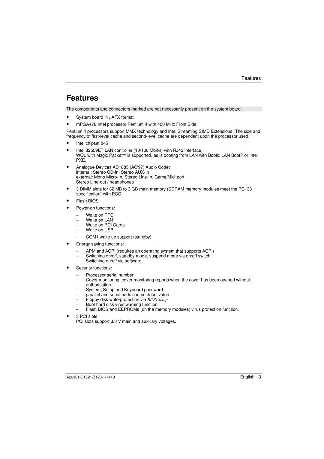 Fujitsu D1321 technical manual Features 