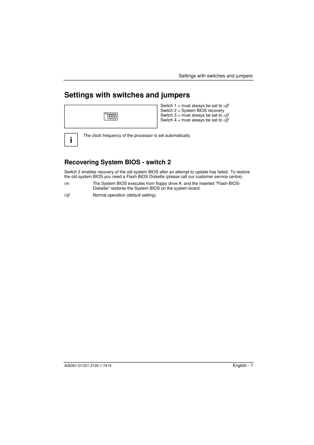 Fujitsu D1321 technical manual Settings with switches and jumpers, Recovering System Bios switch 