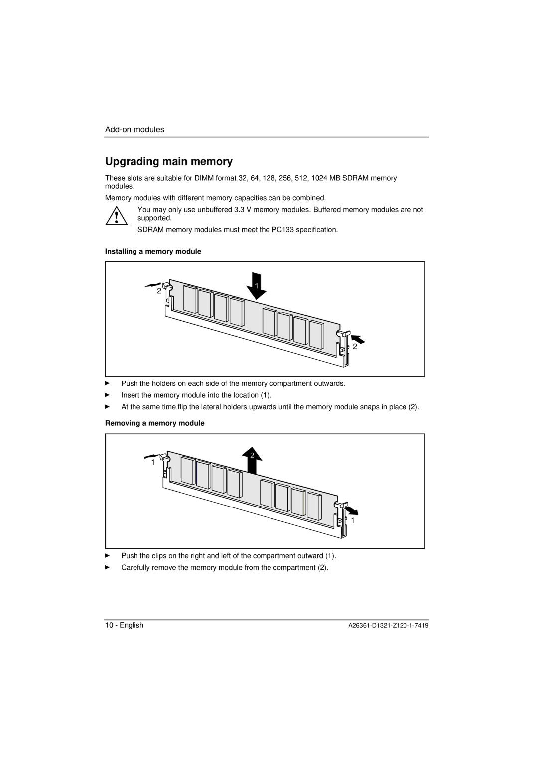 Fujitsu D1321 technical manual Upgrading main memory, Installing a memory module 