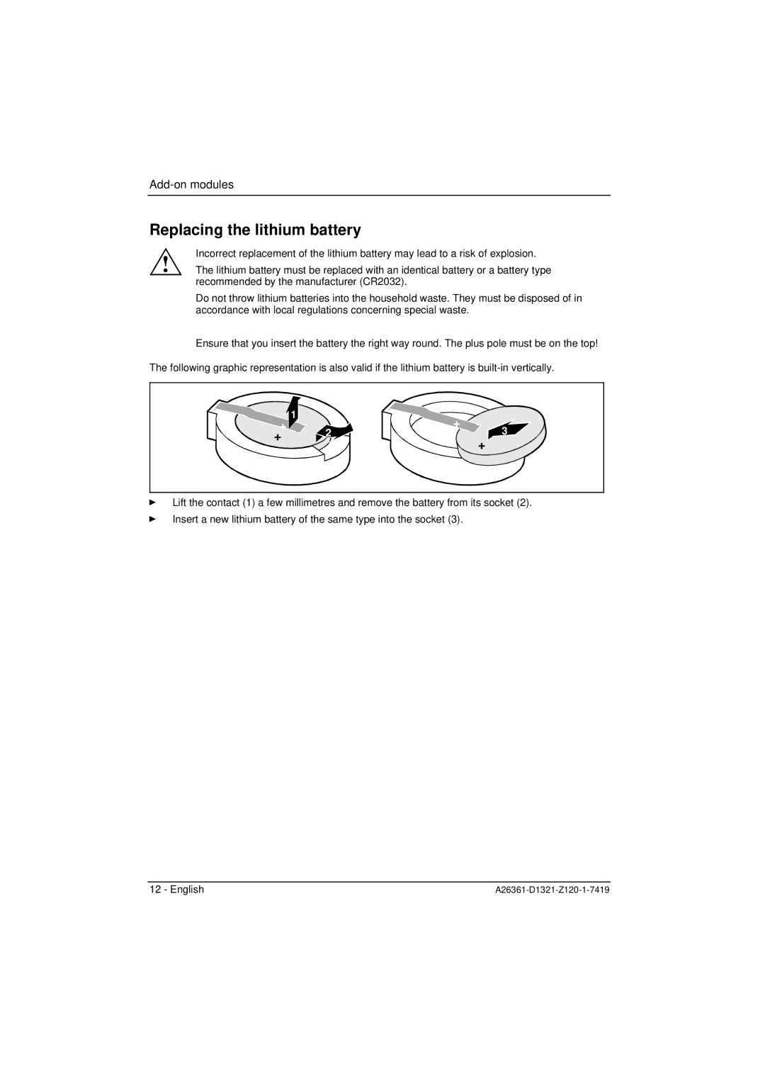 Fujitsu D1321 technical manual Replacing the lithium battery 