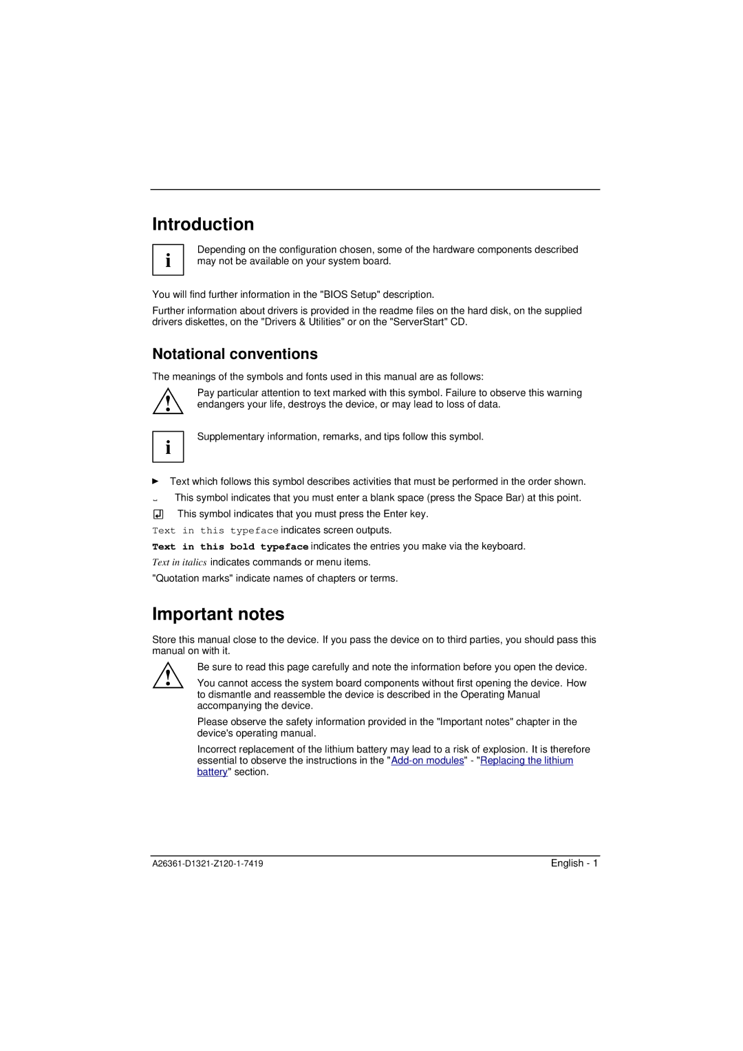 Fujitsu D1321 technical manual Introduction, Important notes, Notational conventions 