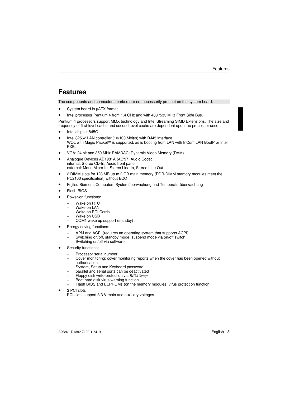 Fujitsu D1382 technical manual Features 