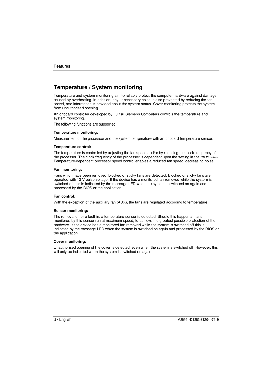 Fujitsu D1382 technical manual Temperature / System monitoring, Temperature monitoring 